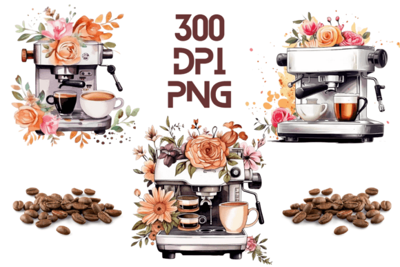 Coffee Machine Watercolor Floral PNG 03: Graphics and Illustrations