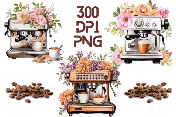 Coffee Machine Watercolor Floral PNG 06 Graphics
