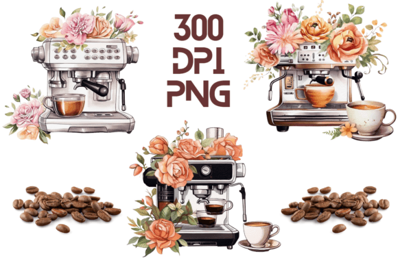 Coffee Machine Watercolor Floral PNG 07 Graphics