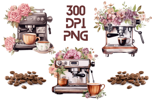 Coffee Machine Watercolor Floral PNG 08 Graphics