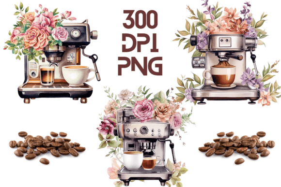 Coffee Machine Watercolor Floral PNG 13 Graphics