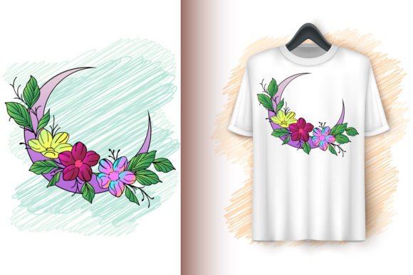 Crescent Moon with Butterfly and Floral Graphics