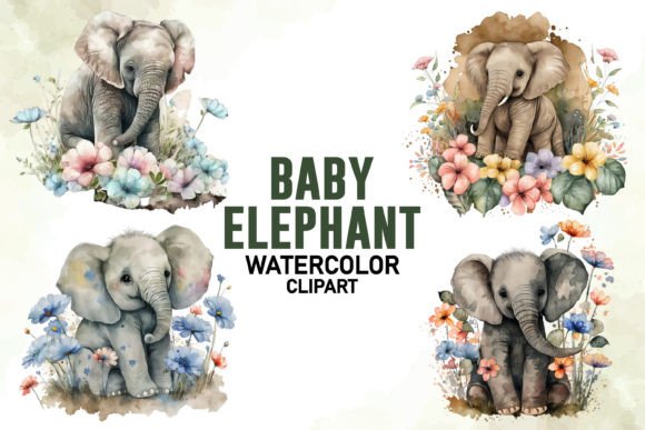 Watercolor Floral Baby Elephant Graphics & Illustrations