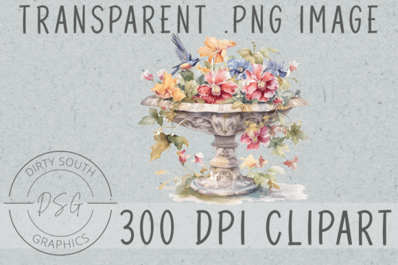 Watercolor Floral Birdbath Clip Art: Graphics & Illustrations