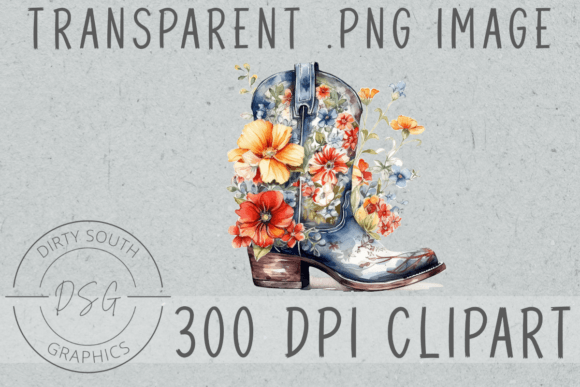 Watercolor Floral Boot Cowgirl Clip Art Graphics