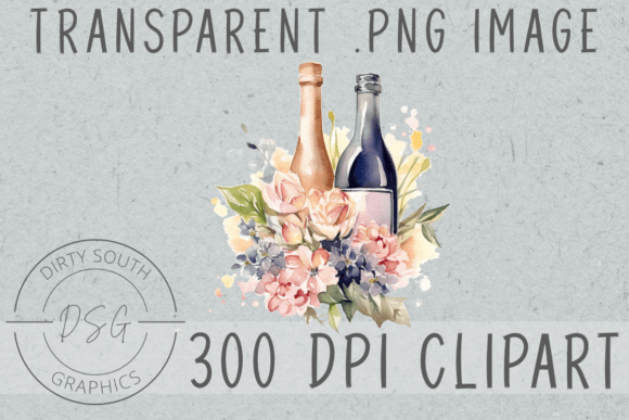 Watercolor Floral Champagne Bottles: Premium Graphics